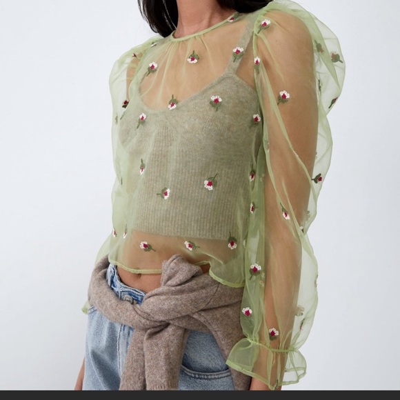Zara Tops - ZARA Embroidered Organza top in apple green. NWT